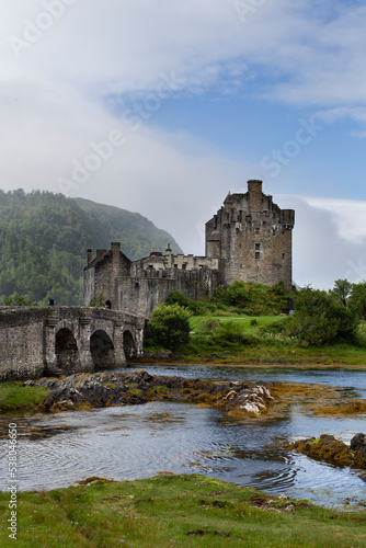 Eilean Donan Castle on Loch Duich in the Scottish Highlands on a foggy day