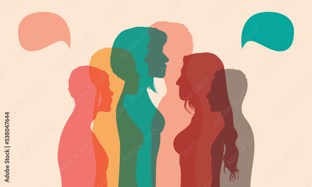 People talking in a crowd. Social networking communication. Communication between people. Multicoloured profile vector character.