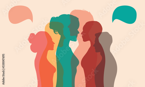 Talking dialogue among multicultural and multiethnic people. Vector character talking dialogue. Diversity people inform each other.