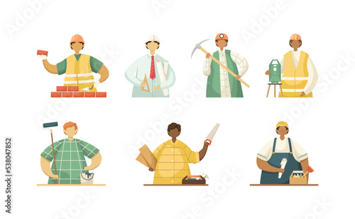 Vector set of illustrations of professional workers in the engineering field. Flat style