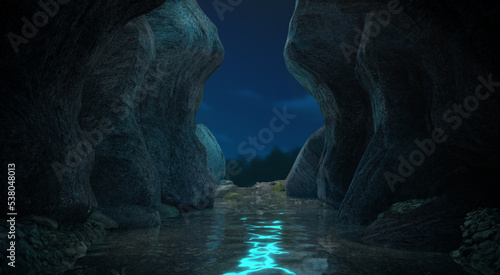 3d rendering of Magic cave with water,Abstract background.