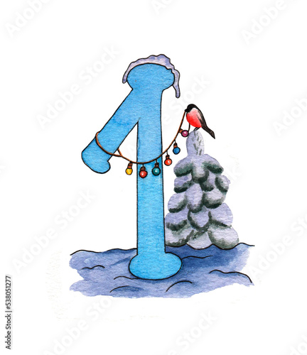 The number 1 on the background of a Christmas tree for the winter calendar, postcards. Watercolor illustration.