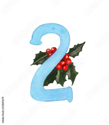 Digit 2 on a holly background for a winter calendar, postcards. Watercolor illustration. isolated on a white background.