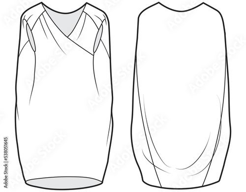 drape dress front and back view technical drawing fashion flat sketch vector illustration template