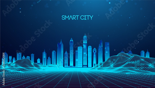 Smart city abstract illustration blue background in low poly style. Global social network connection. Data security 3d vector background.