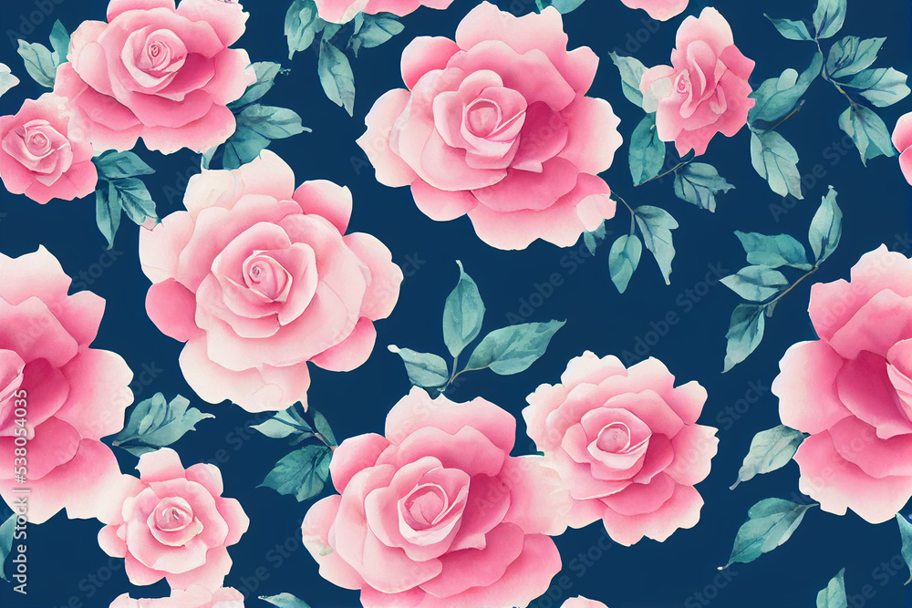 Seamless pattern. Beautiful pink roses on blue background. Repeatable background, wallpaper, backdrop. Floral, rose, plants. 3d illustration. Seamless pattern. Beautiful pink roses on blue background. Repeatable background, wallpaper, backdrop. Floral, rose, plants. 3d illustration.