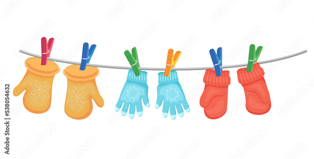 Different mittens hanging on the rope, set, vector illustration. Wool winter glovesmittens dry and hang on laundry string with clothespins Different mittens hanging on the rope, set, vector illustration. Wool winter glovesmittens dry and hang on laundry string with clothespins