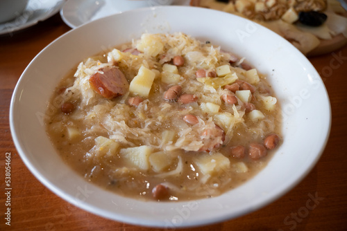 Jota,  a Sauerkraut and beans stew, containing sour cabbage, potatoes, white beans and sausages 