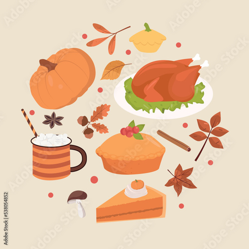 Set of thanksgiving elements  vegetables  pie and turkey