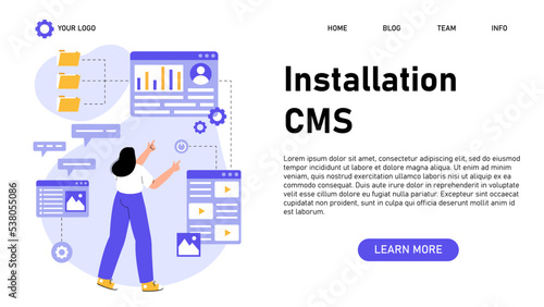 CMS installation web banner. Content management system. Creation and modification of digital content. Idea of digital strategy and content for social network.