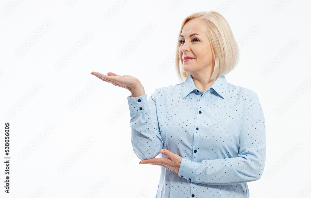 Business lady hold open hand new product open palm empty space sales manager wear specs shirt isolated white background Business lady hold open hand new product open palm empty space sales manager wear specs shirt isolated white background