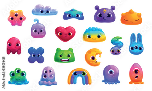 Little cute cartoon colorful jelly slime characters set. Jelly emoji set. Vector comic slimy alien stickers.