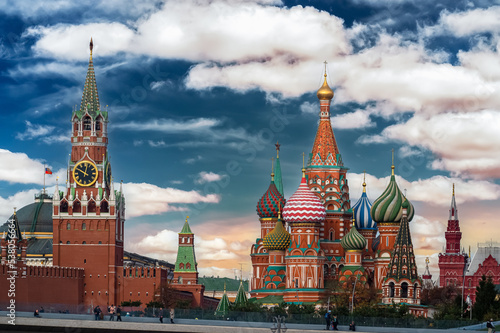 Landmarks of Moscow: Kremlin, St. Basil's Cathedral, Spasskaya Tower. Colorful cathedral in Red square, Russia