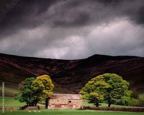 Sunlit trees and barn with gloomy sky background in Edale, Derbyshire in the Peak District, UK photo