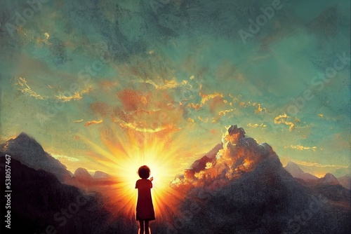 Young woman standing to the sun on background of mountains and sky with clouds during sunrise
