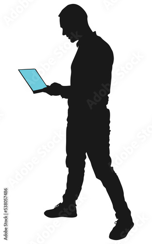 man holding touchscreen digital tablet