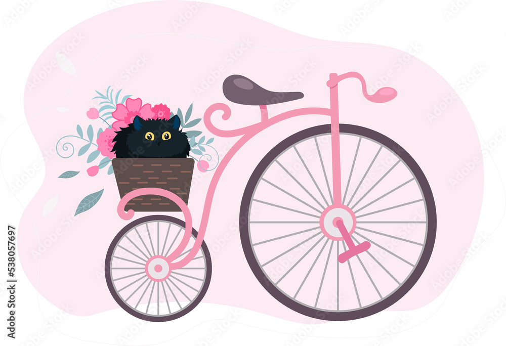 Retro vintage bicycle with a basket of flowers and a black cat. illustration in cartoon flat style