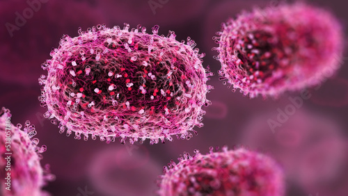 Detailed illustration of a monkeypox virus, few cells under a microscope, 3d render. photo