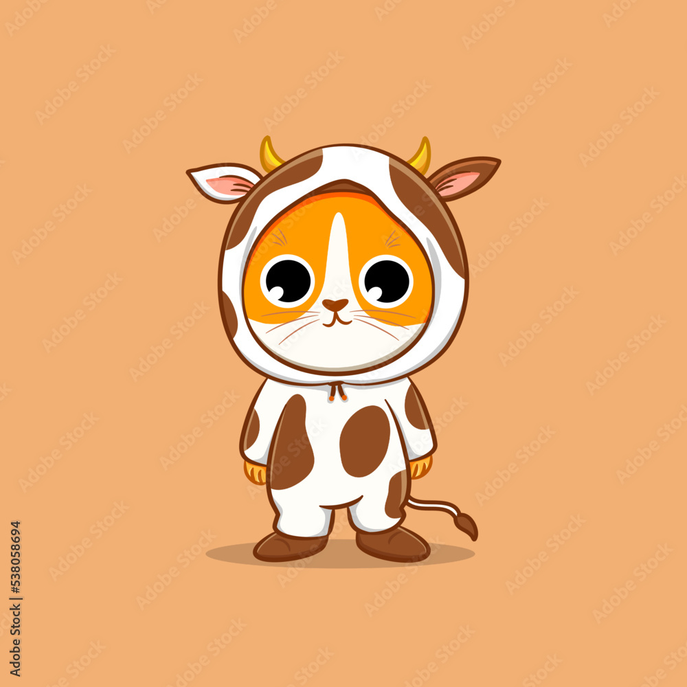 Cute cat wearing cow costume cartoon vector icon sticker illustration
