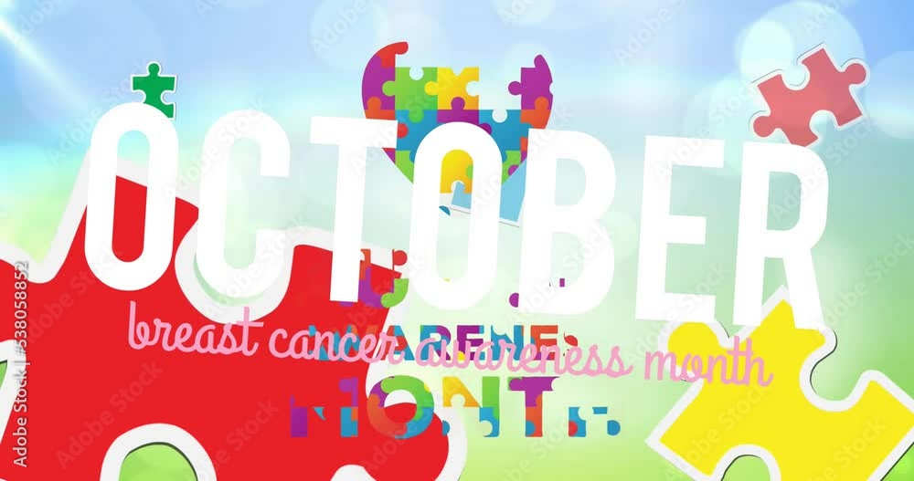 Animation of breast cancer awareness month text over puzzle and heart Animation of breast cancer awareness month text over puzzle and heart