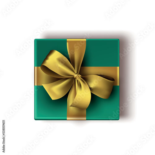 new year gift, top view. A box in a green wrapper with a golden bow. Vector isolated illustration for decoration of postcards or greeting banners. Realistic style, flat lay