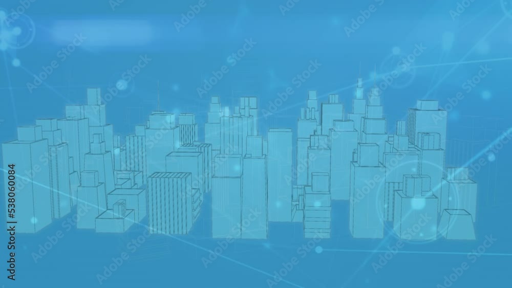 Animation of network of connections with spots over 3d cityscape on blue background Animation of network of connections with spots over 3d cityscape on blue background