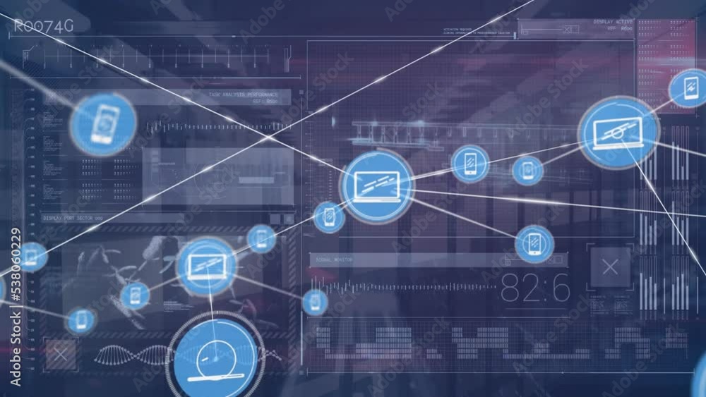 Animation of network of connections with icons over screen with data processing Animation of network of connections with icons over screen with data processing