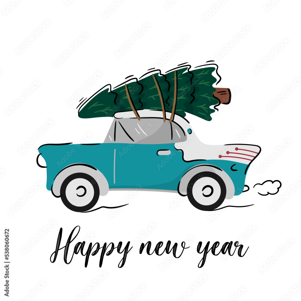 Obraz premium Retro car with a Christmas tree. The car is carrying gifts.Vector illustration.