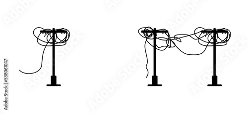 Tangent towers. High voltage pole, electric wires and telephone cable, wire line pylon, poles network. Broken electric pylons, power transmission line. Cartoon for socket, electricity cable and short 