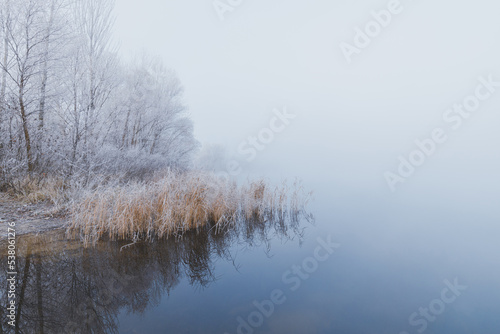 Foggy dawn scenery. Amazing white rime on the tree branches and dry reeds with reflection in the still water on the dreamy lake on the autumn frosty morning.
