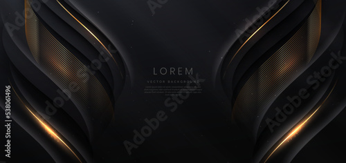 Luxury curve golden lines on black background with lighting effect copy space for text. Luxury design style. Template premium award design.