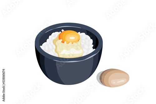 Rice with raw egg in bowl on white background
