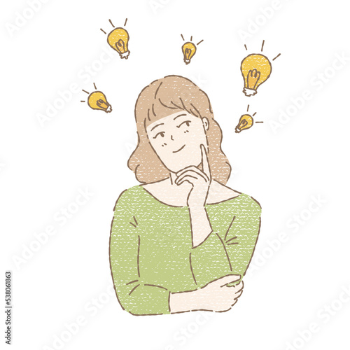 Young woman figuring out creative ideas as light bulbs,  problem solving. Hand drawn flat cartoon character vector illustration in colored pencil texture.