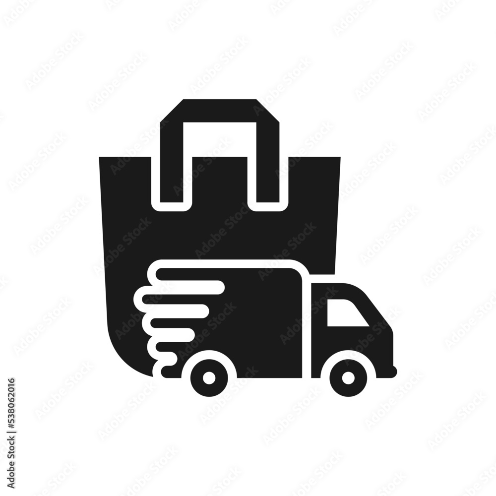 Shopping bag with truck. Package delivery icon concept isolated on white background. Vector illustration Shopping bag with truck. Package delivery icon concept isolated on white background. Vector illustration