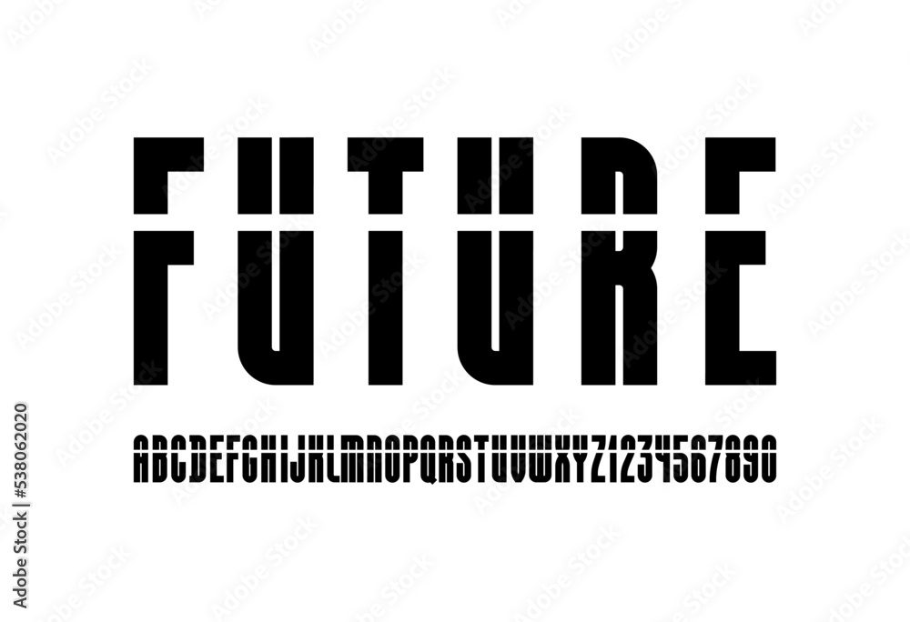 Futuristic font, stencil alphabet, black condensed letters and numbers