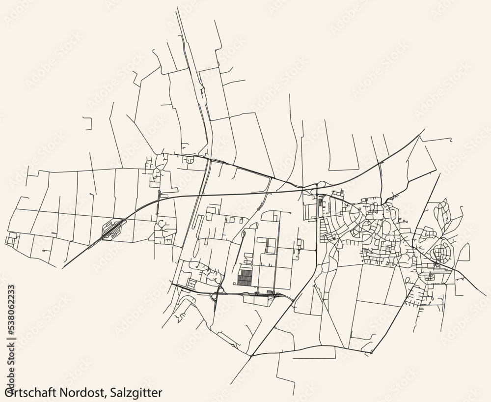 Fototapeta premium Detailed navigation black lines urban street roads map of the ORTSCHAFT NORDOST DISTRICT of the German regional capital city of Salzgitter, Germany on vintage beige background