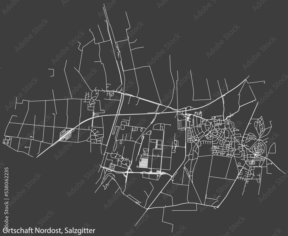 Detailed negative navigation white lines urban street roads map of the ORTSCHAFT NORDOST DISTRICT of the German regional capital city of Salzgitter, Germany on dark gray background