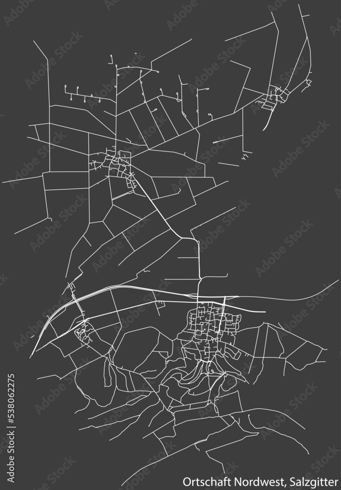 Detailed negative navigation white lines urban street roads map of the ORTSCHAFT NORDWEST DISTRICT of the German regional capital city of Salzgitter, Germany on dark gray background