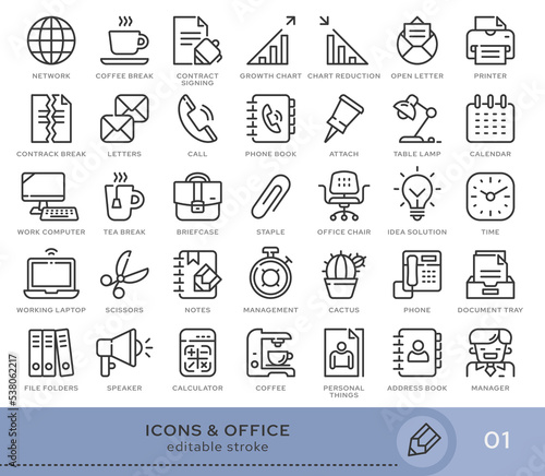 Set of conceptual icons. Vector icons in flat linear style for web sites, applications and other graphic resources. Set from the series - Office and Management. Editable stroke icon.