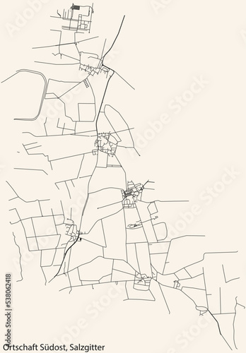 Detailed navigation black lines urban street roads map of the ORTSCHAFT SÜDOST DISTRICT of the German regional capital city of Salzgitter, Germany on vintage beige background photo