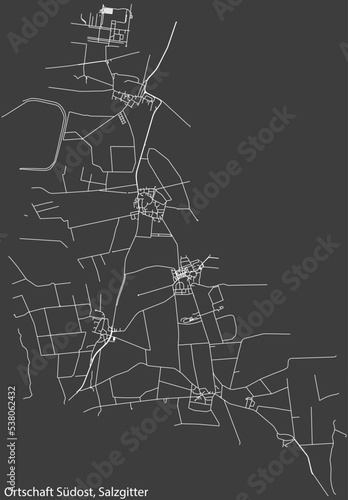 Detailed negative navigation white lines urban street roads map of the ORTSCHAFT SÜDOST DISTRICT of the German regional capital city of Salzgitter, Germany on dark gray background photo