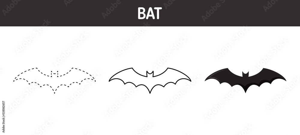 Bat tracing and coloring worksheet for kids