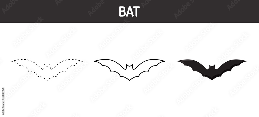 Bat tracing and coloring worksheet for kids Stock Vector | Adobe Stock