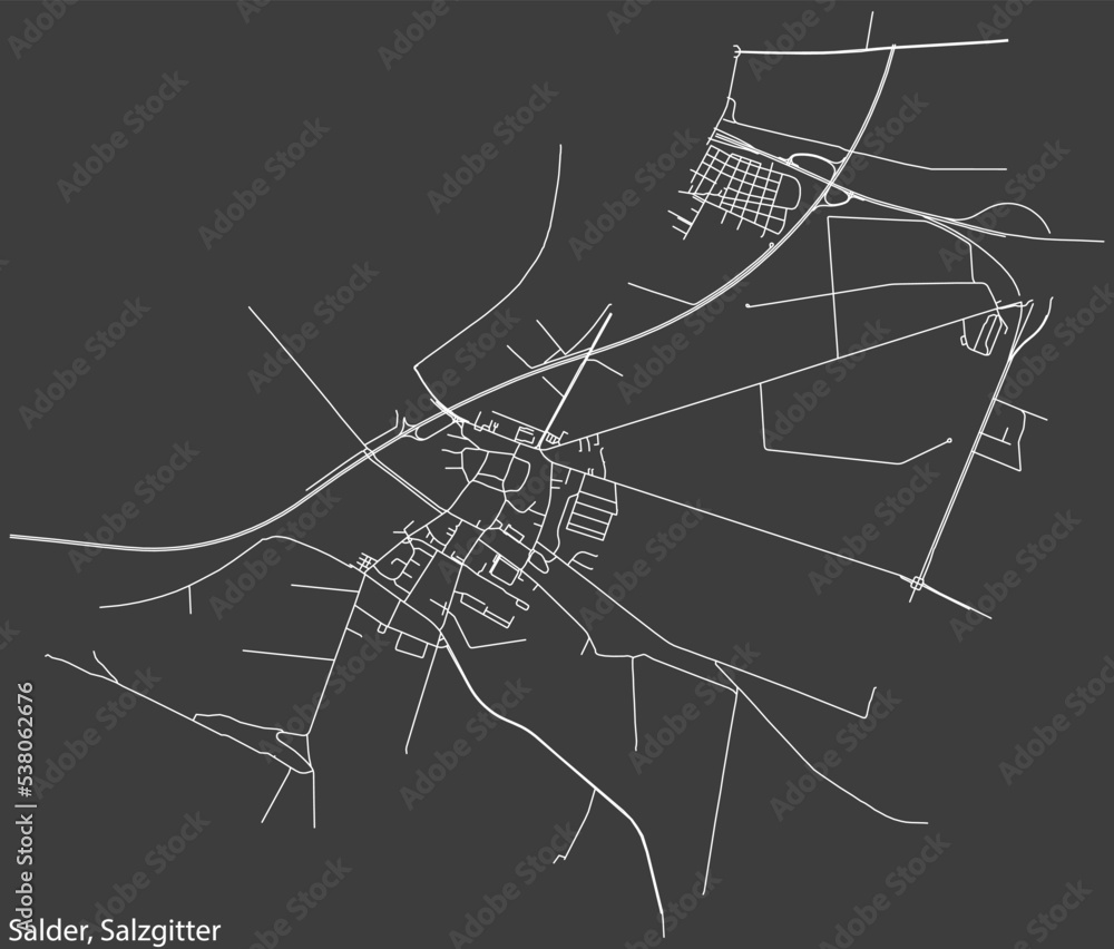 Detailed negative navigation white lines urban street roads map of the SALDER QUARTER of the German regional capital city of Salzgitter, Germany on dark gray background