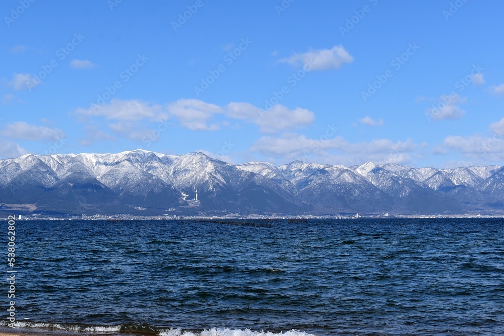 真冬の琵琶湖のエリ漁と雪山比良山