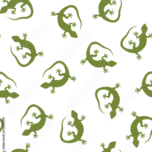 Green Tokay gekko seamless pattern. Repeating pattern of hand drawn gekko lizards. Single colored elements background.