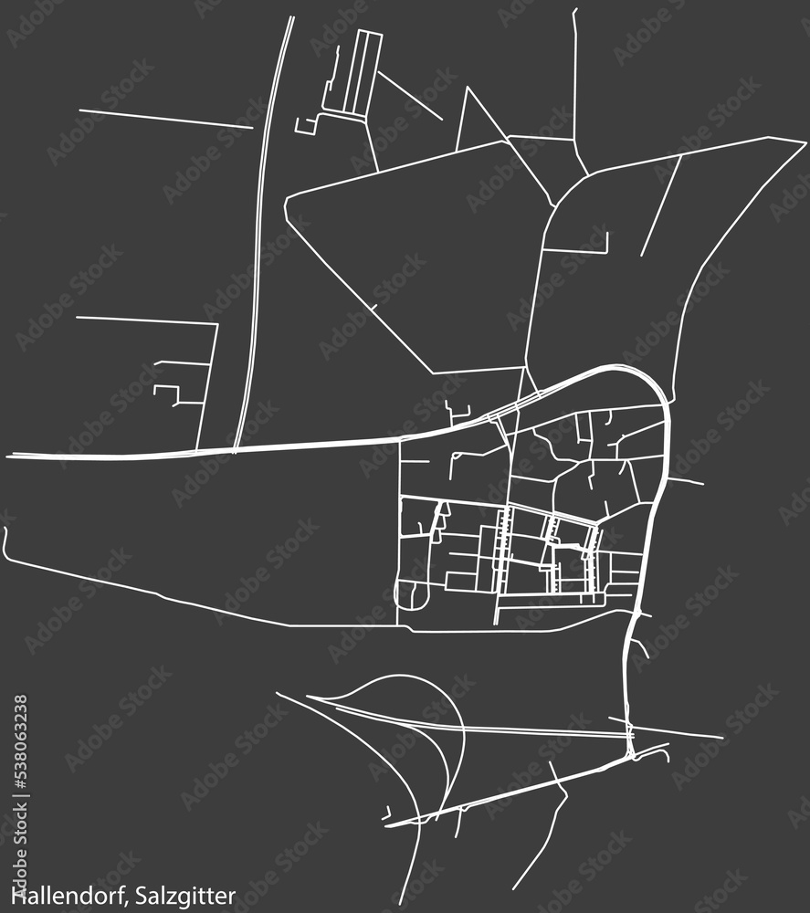 Detailed negative navigation white lines urban street roads map of the HALLENDORF QUARTER of the German regional capital city of Salzgitter, Germany on dark gray background