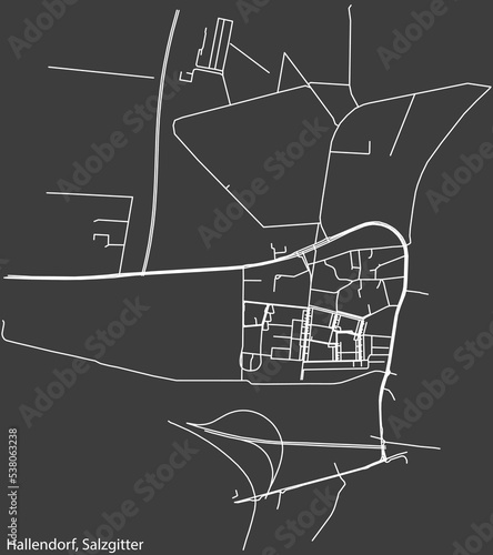 Detailed negative navigation white lines urban street roads map of the HALLENDORF QUARTER of the German regional capital city of Salzgitter, Germany on dark gray background photo