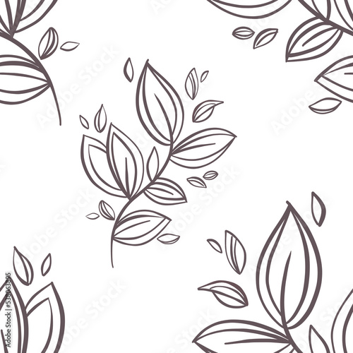 Seamless pattern with botanic outline wildflower, branch, leaves. Hand drawn floral abstract pencil sketch field flower, plant on background line art illustration for textile, fabric, packaging 