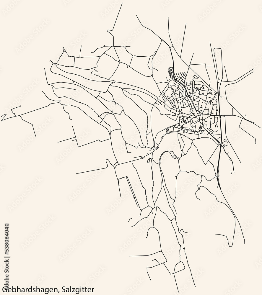 Detailed navigation black lines urban street roads map of the GEBHARDSHAGEN QUARTER of the German regional capital city of Salzgitter, Germany on vintage beige background Detailed navigation black lines urban street roads map of the GEBHARDSHAGEN QUARTER of the German regional capital city of Salzgitter, Germany on vintage beige background